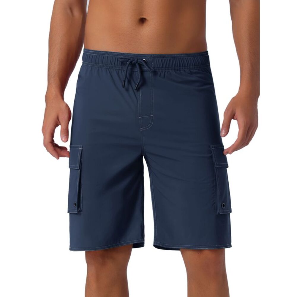 Drawstring Waist Solid Color Side Pockets Lining Summer Board Shorts Navy Blue